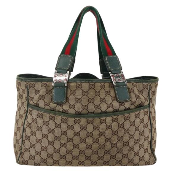 GUCCI GG Canvas Web Sherry Line Tote Bag Beige Green Red - Picture 3 of 13
